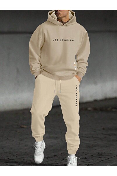 SeusCraft Los Angeles Detay Sweatshirt Eşofman Altı Jogger - Bej Baskılı Alt ...