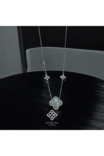 Atas Al Diamond Beyaz Altın Kaplama Yonca Gümüş Kolye Özel Seri 925 Ayar Gümüş
