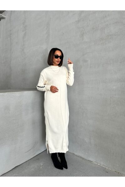 Lusin Μπεζ Μίντι Πλεκτό Φόρεμα - Λεπτομέρεια ρίγες, Μακρύ μανίκι