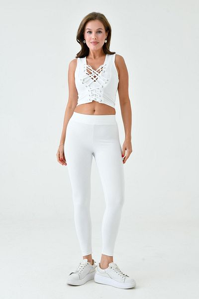 barış sülün lovebox Lace-Up Design Women's Sports Undershirt and High Waist Leggings - White Set of Two 069