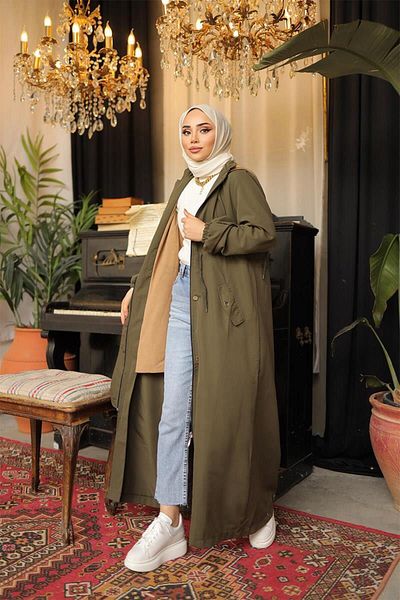 BURCU TESETTÜR Long Trench Coat with Waist Belt Detail BRC1908 Khaki