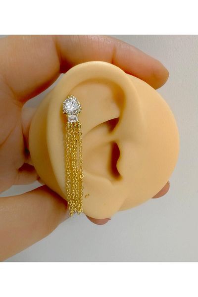 Arescollection Zircon Stone Piercing Earrings - 1 Chain, Cartilage Earlobe