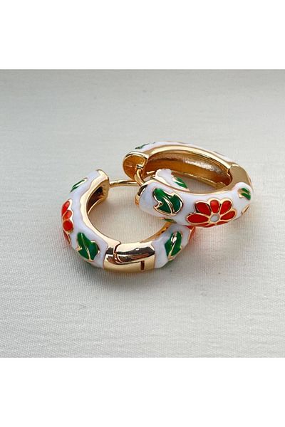 CanElif Accessories Elegant Vintage Style Flower Motif Enamel Hoop Earrings (COLOR ATMAS / NOT DARKEN)