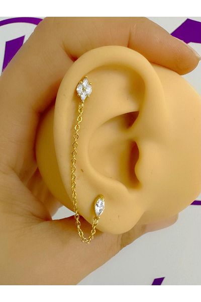 Arescollection Zircon Stone Piercing Earrings - 1 Piece, Chain Connection, Cartilage and Earlobe Compatible