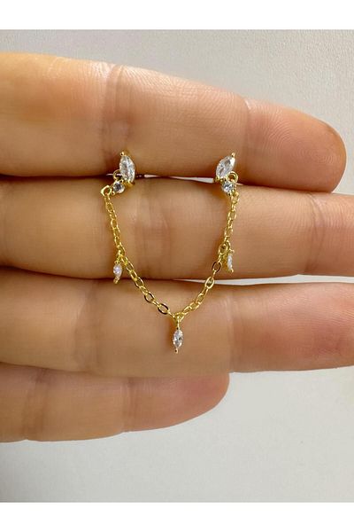 Arescollection Zircon Stone Piercing Earrings - 1 Piece, Chain Connection, Cartilage and Earlobe Compatible