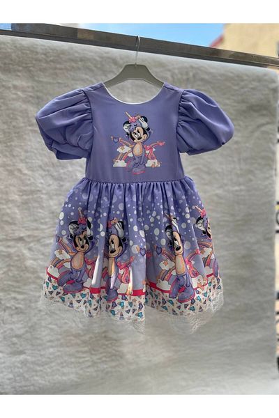 Sare Çocuk Giyim Lilac Minnie Mouse Print Girls Balloon Sleeve Birthday Princess Dress