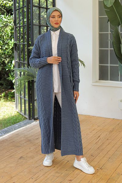Pamuk Butik Women's Ring Braided Full Length Knitwear Cardigan