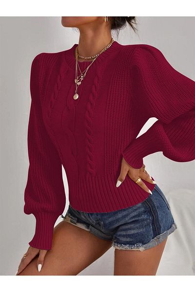 AQE FASHION Pulover tricot roșu Claret cu mânecă prințesă împletită