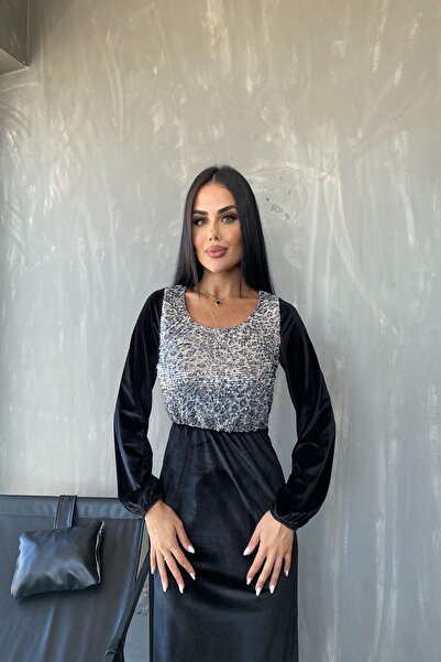 kamacibutik Kare Yaka Pul İşlemeli Kadife Elbise