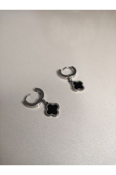 staınless steel Siyah Yonca Model Zirkon Taşlı Gümüş Renk Çelik Küpe