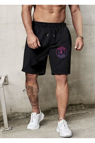 DEEPSENCE Καλούπι Slimfit για ανδρικό μαύρο χτενισμένο ύφασμα PARIS σχέδιο εμπριμέ σορτς