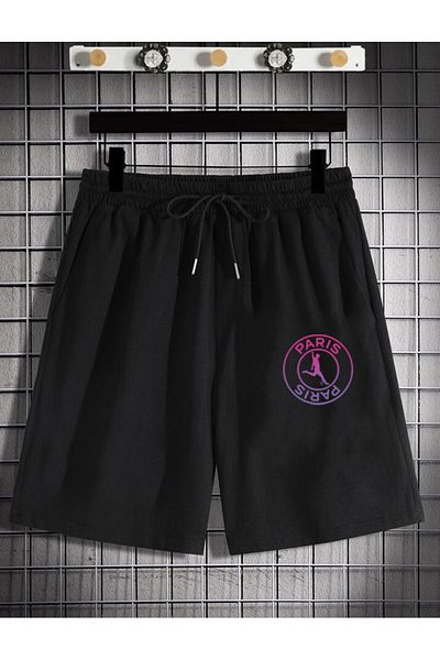 DEEPSENCE Καλούπι Slimfit για ανδρικό μαύρο χτενισμένο ύφασμα PARIS σχέδιο εμπριμέ σορτς