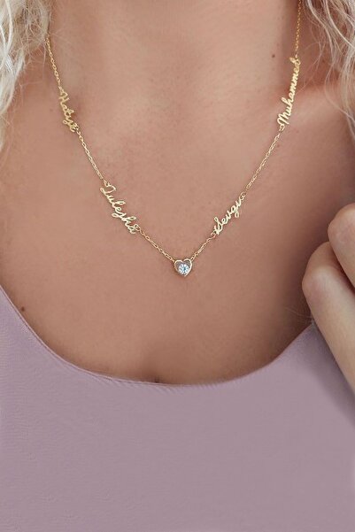 VAOOV 925 Ayar Gümüş El Yazısı Dört Isimli Taşlı Kalp Kolye