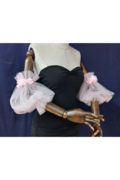 es moda shop Beste Çiçek Detaylı Tül Gelin Abiye Kolluk Uçuk Pembe