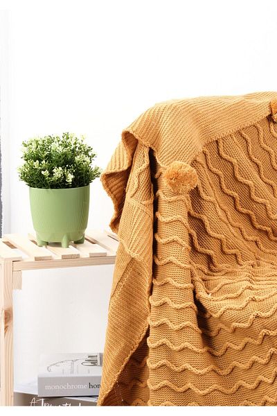 YGT Home Mustard Colored 10 Pompom Tongue Knitwear Tv Blanket - 130X170 Leg Shawl and Sofa Shawl