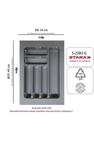 STARAX S-2283-G Gray Drawer - Plastic Spoon Holder, Cut between 34-28 D, 49-40 Cm, 6 Compartments