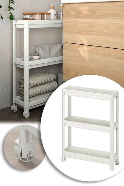 Pazarika Vesken White 3-Piece Rectangular Shelving Unit with Wheels Bathroom Kitchen Organizer Shelf Modern Storage Shelf