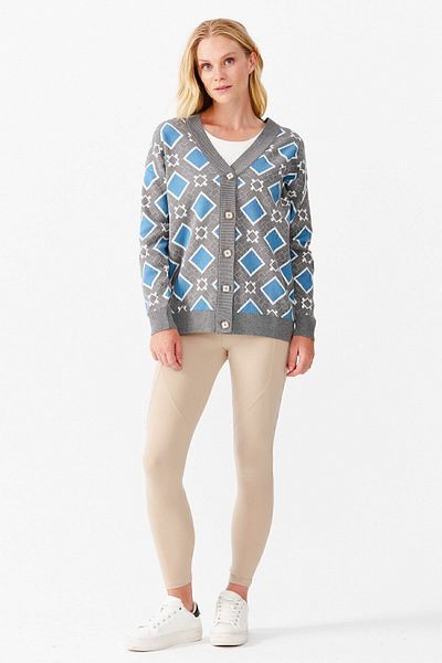 Desen Triko Women's V-Neck Square Patterned Cardigan