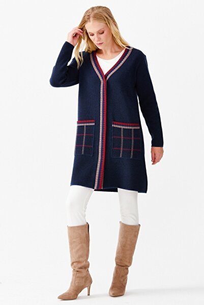 Desen Triko Women's V-Neck Pocket Checkered Houndstooth Patterned Long Cardigan Indigo