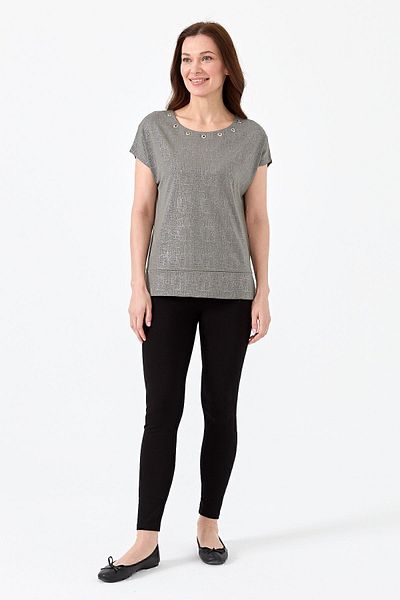 Desen Triko Tricou de damă din bumbac pieptănat strălucitor cu accesorii pentru guler Kaki