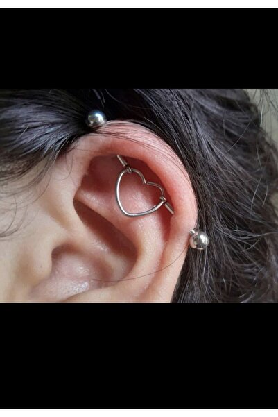 Arescollection CERRAHİ ÇELİK İKİLİ ORTASI KALPLİ İNDUSTRİAL,LOBE,KIKIRDAK CONCH UYUMLU PİERCİNG KÜPE