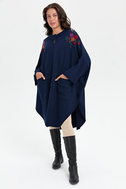 Desen Triko Kadın Dik Yaka Omuzları İşlemeli Fermuarlı Panço Lacivert