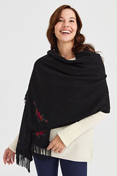 Desen Triko Γυναικείο Πλεκτό Μάλλινο Σάλι με Λουλούδια Μαύρο