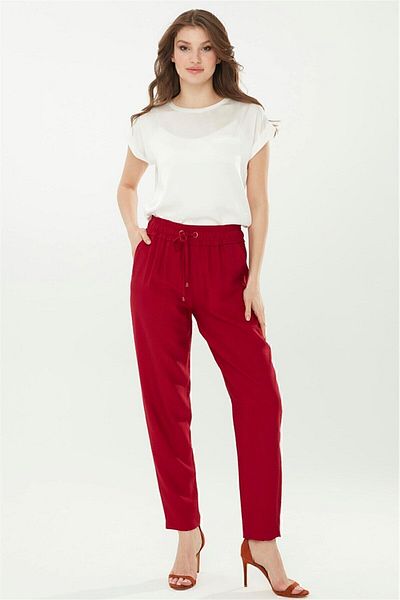 Desen Triko Women's Carrot Leg Linen Trousers Red