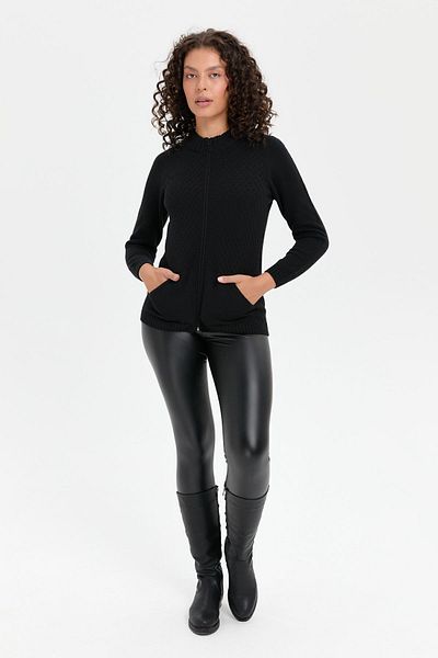 Desen Triko Cardigan negru din lână - guler vertical, fără cusături și fermoar