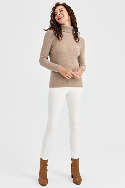 Desen Triko Γυναικείο μάλλινο πουλόβερ με μανίκι με κουμπιά ζιβάγκο, σκούρο μπεζ