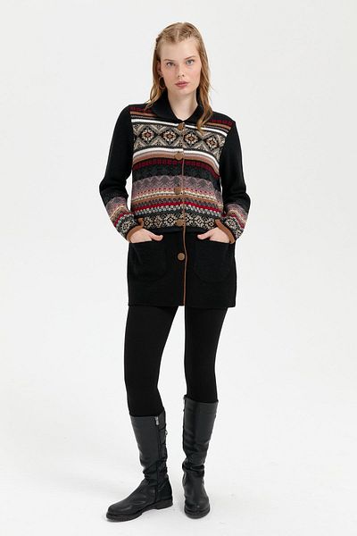 Desen Triko Cardigan din lână cu guler polo - Araboy negru pentru femei