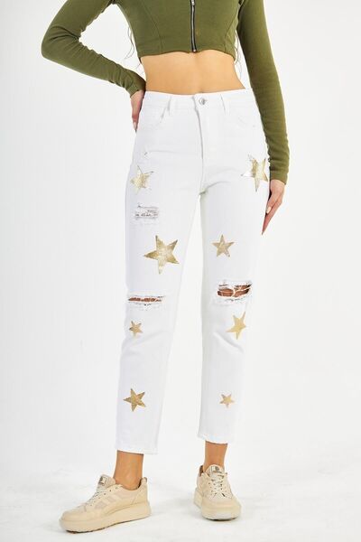 PodiumStar بنطال جينز نسائي منقوش بخصر عالٍ ومطبوع عليه نجوم