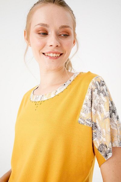 Desen Triko Bluză pieptănată cu imprimeu floral, cu mânecă joasă, pentru damă, Miere