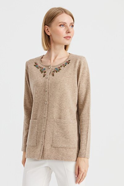 Desen Triko Women's Zero Collar Lace Embroidered Wool Cardigan Dark Beige