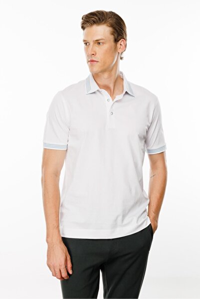 Desen Triko Λευκό ανδρικό μπλουζάκι πόλο με λαιμόκοψη - Μοτίβο ρίγες