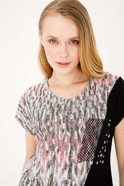 Desen Triko Women's Crew Neck Low Sleeve Mesh Pocket Combed Cotton Blouse Black