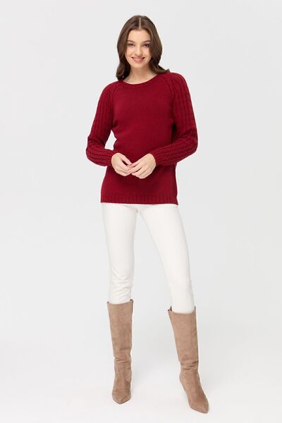 Desen Triko Women's Crew Neck Sleeve Hair Knitted Wool Sweater V.Red
