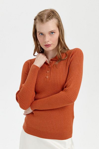 Desen Triko Pulover de damă portocaliu cu gât polo fără cusături
