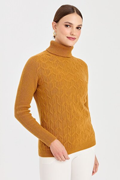 Desen Triko Women's Full Turtleneck Front Loose Wool Sweater Mustard