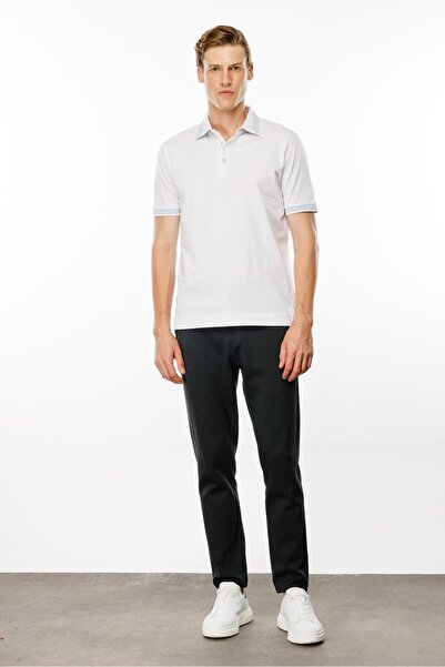 Desen Triko Λευκό ανδρικό μπλουζάκι πόλο με λαιμόκοψη - Μοτίβο ρίγες