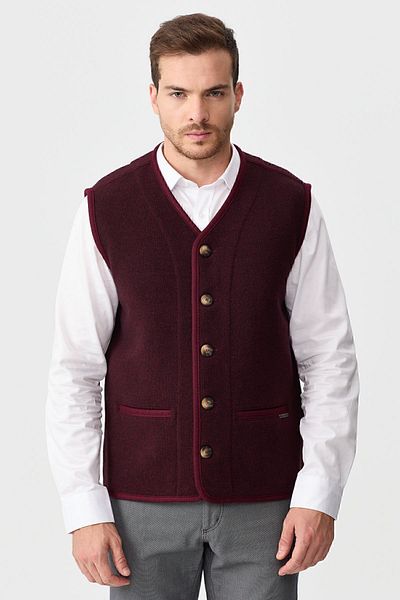 Desen Triko Men's V-Neck Pique Woven Wool Vest with Felt Accessories Claret Red
