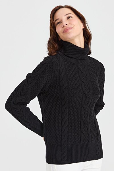 Desen Triko Kadın Tam Balıkçı Yaka Saç Örgü Yün Kazak Siyah