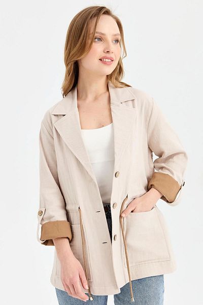 Desen Triko Women's Tie Waist 100% Cotton Jacket KMY24077 Stone
