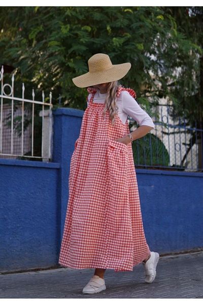 Launes Orange Oversize Gilet with Pockets and Gingham