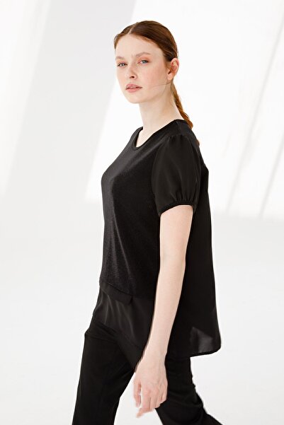 Desen Triko Women's Crew Neck Short Sleeve Shiny Fabric Blouse Black