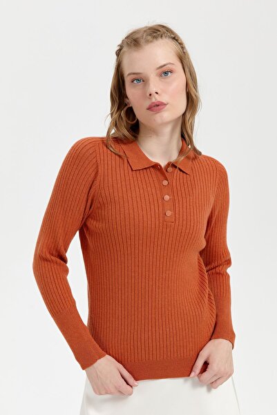 Desen Triko Orange Women's Polo Collar Seamless Sweater