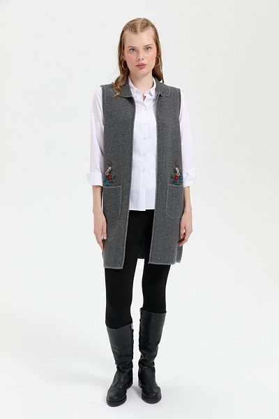 Desen Triko Women's Polo Neck Open Front Embroidered Long Wool Vest Smoked