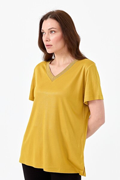 Desen Triko Women's V-neck Striped Combed Cotton T-shirt Yellow