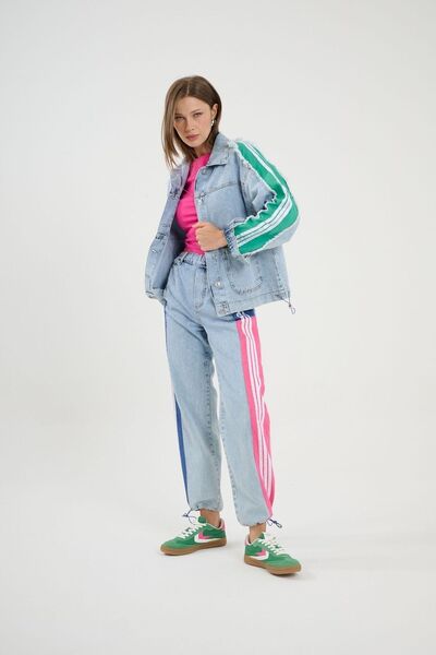 Calisa Color Stripe Detailed Women's Denim Jacket and Jean Set - Denim Jogger and Waggy