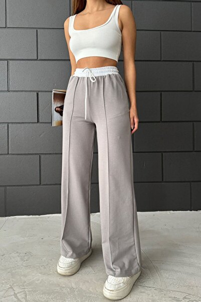 Sun Victoria Γκρι Λευκή Ζώνη - Φαρδύ πόδι Oversize Γυναικεία Φούτερ